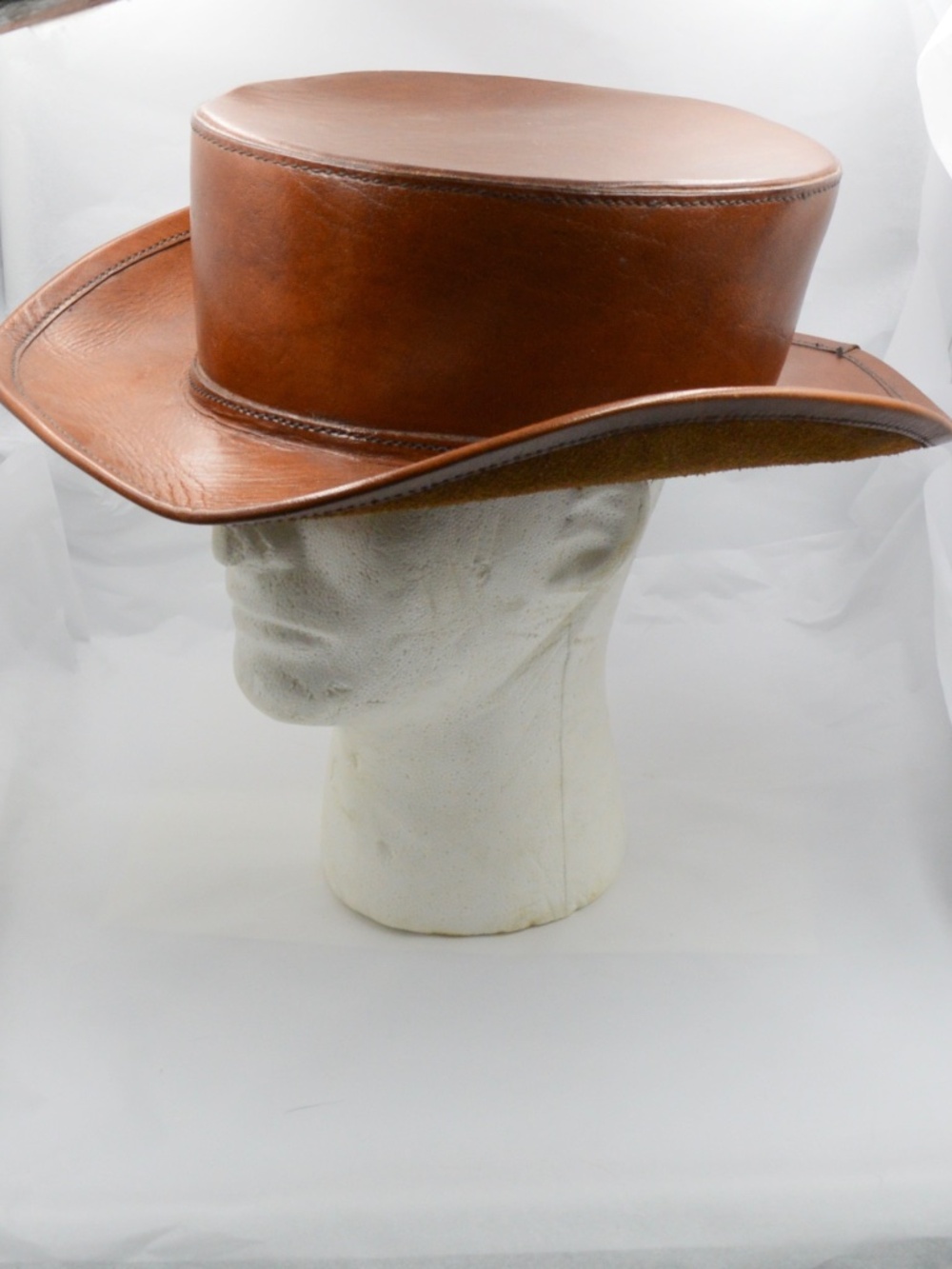 Handmade Cognac Leather Top Hat XXL 63 Heavyweight Steampunk  Western Statement